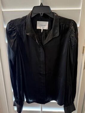 FRAME Black Satin Button-Up Blouse